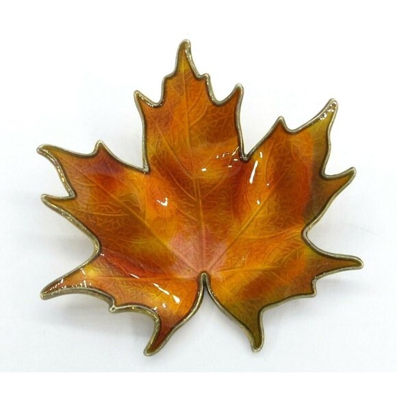 Hroar Prydz  Sterling Silver Orange Amber Enamel Maple Leaf  Brooch, N40 - Picture 3 of 10